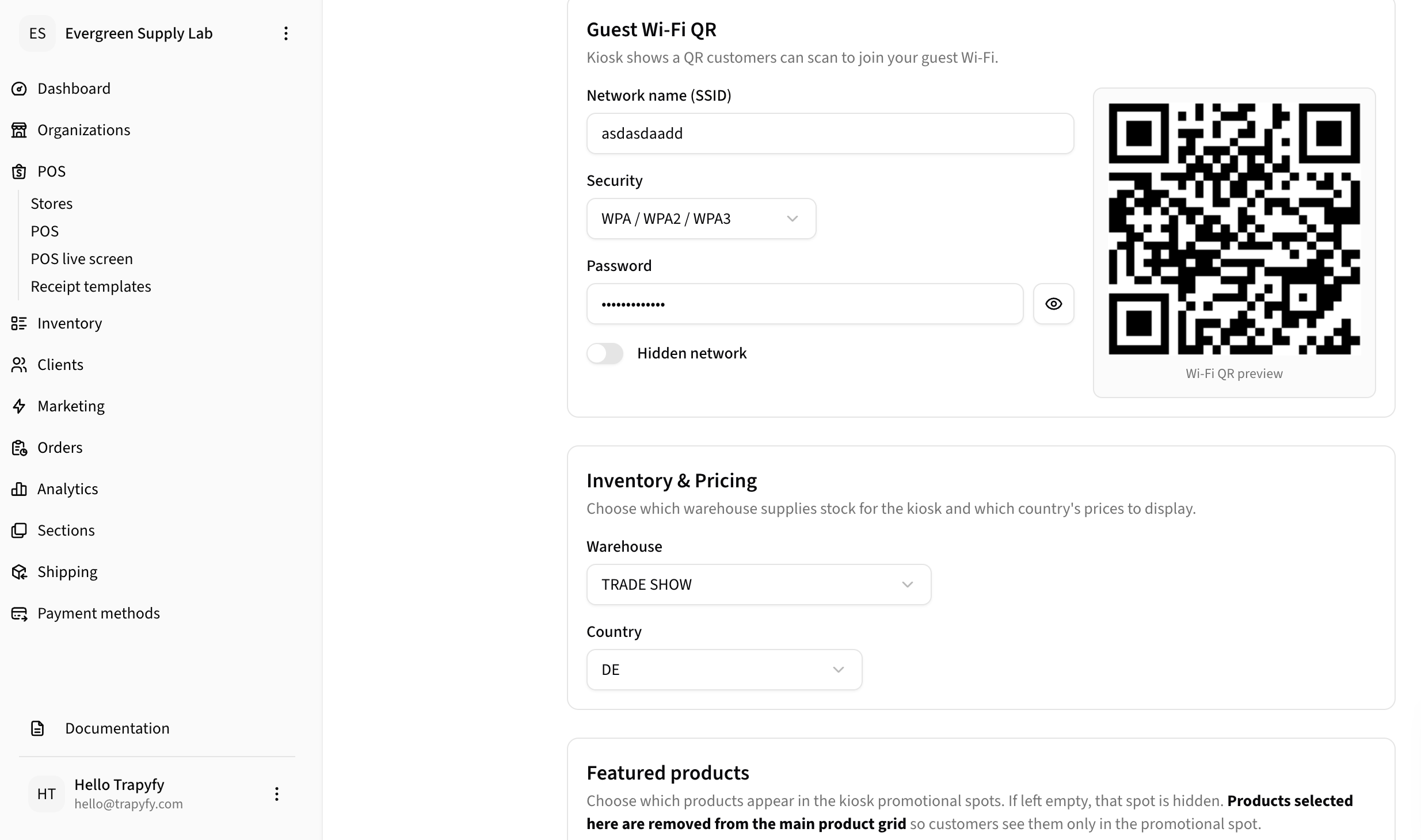 Guest Wi-Fi QR section showing SSID input, Security dropdown with WPA/WPA2/WPA3, Password field, and live QR preview