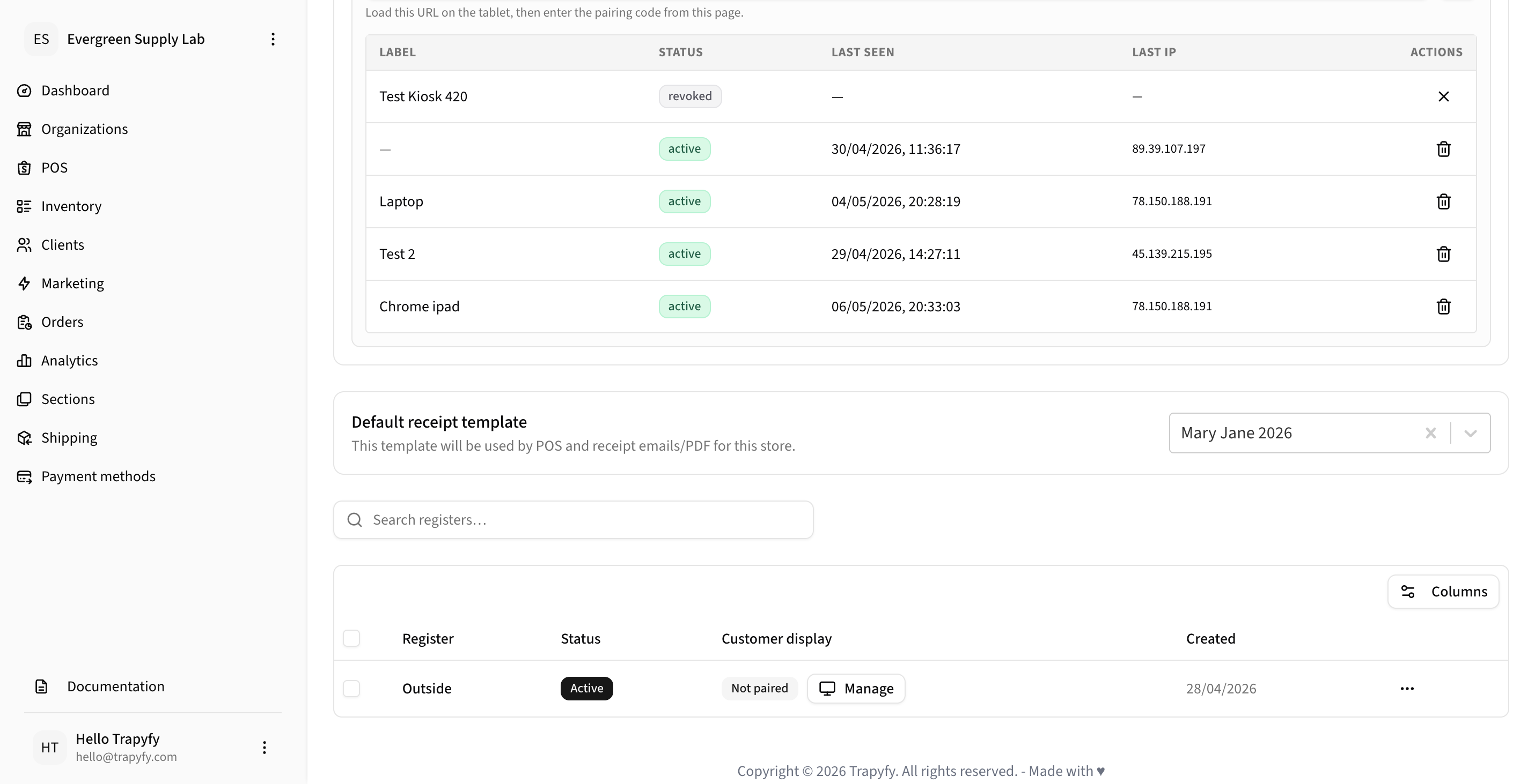 Device table showing active devices with Label, Status, Last Seen timestamp, Last IP, and Actions columns