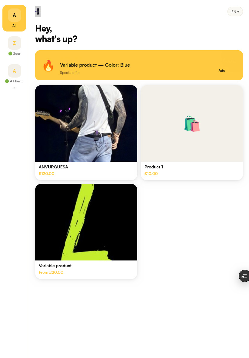 Customer-facing kiosk product browsing screen with category sidebar and product cards