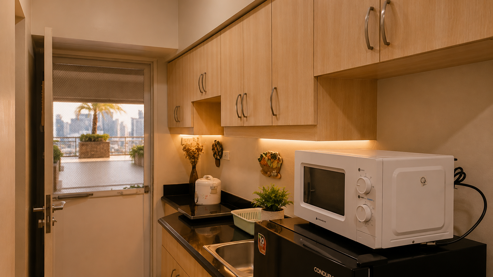 Modern kitchen with wooden cabinets and balcony view