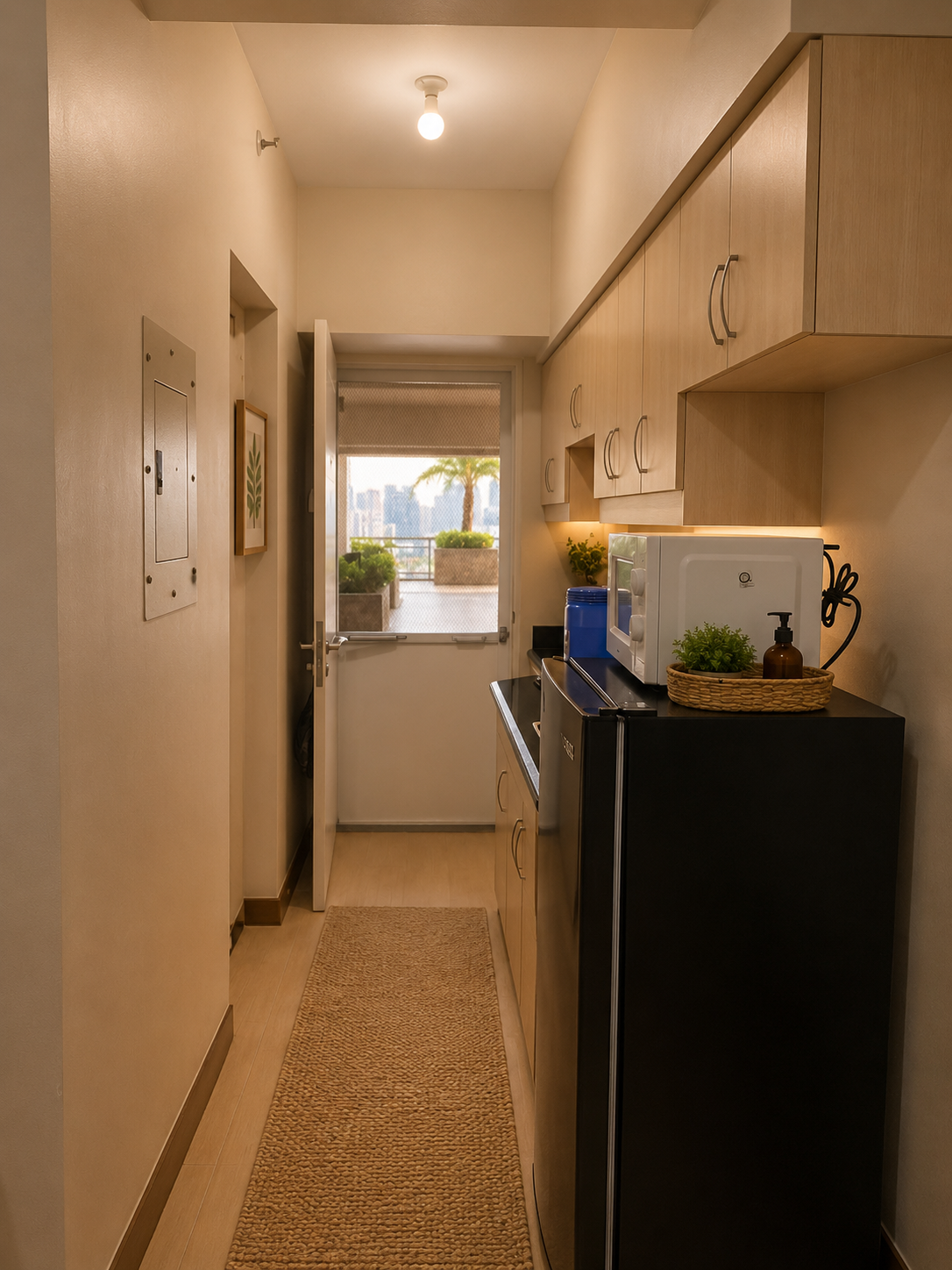 Kitchen walkway with skyline views