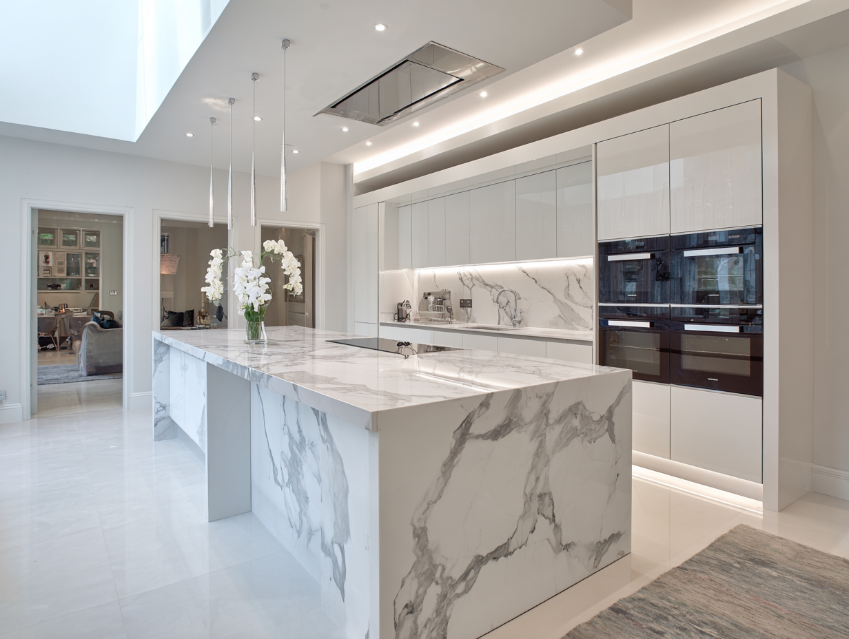 Kitchen extension with a Calacatta marble waterfall island in Hertfordshire