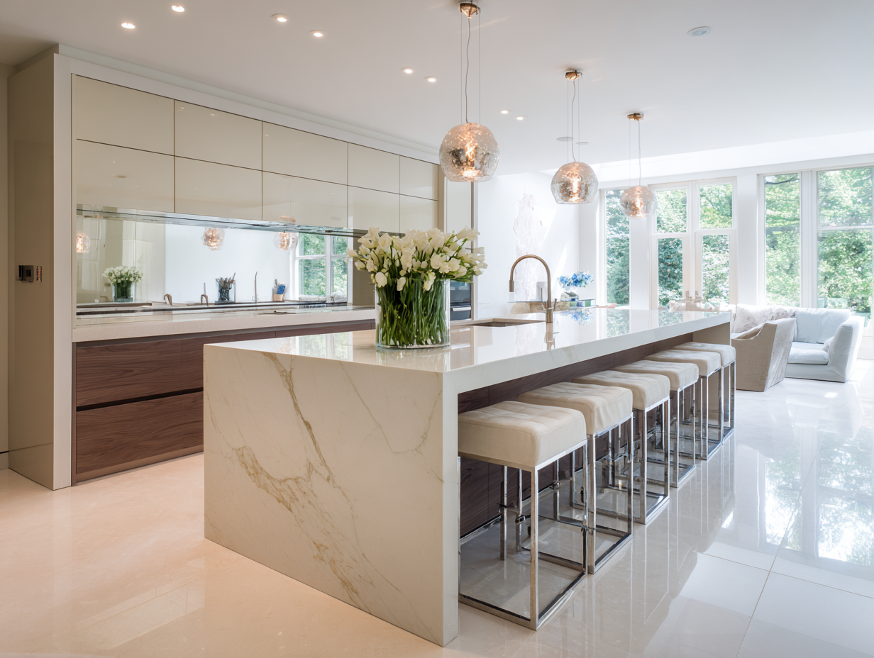 Open-plan kitchen extension with a white marble island in Hertfordshire