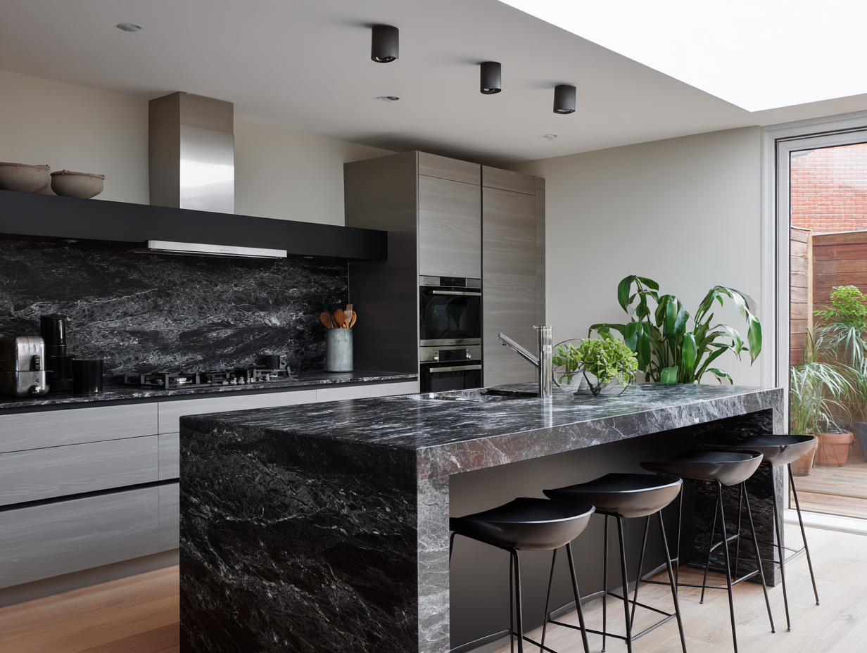 Kitchen extension with a black marble island and bar seating in Hertfordshire