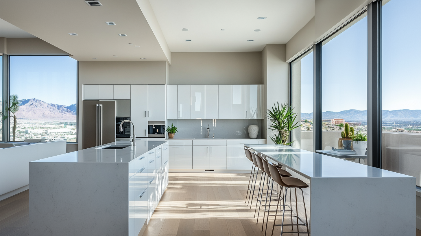 Luxury modern kitchen with mountain views featuring white cabinetry, waterfall island, and floor-to-ceiling windows