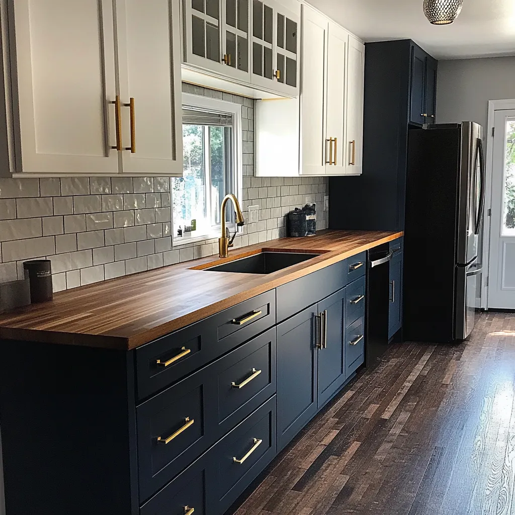 Modern kitchen remodel featuring navy blue cabinets, white upper cabinets, and butcher block countertops