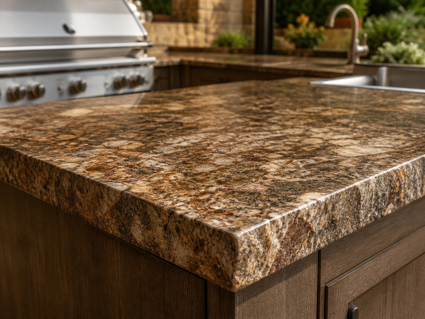 Brown granite countertop with amber tones and natural veining