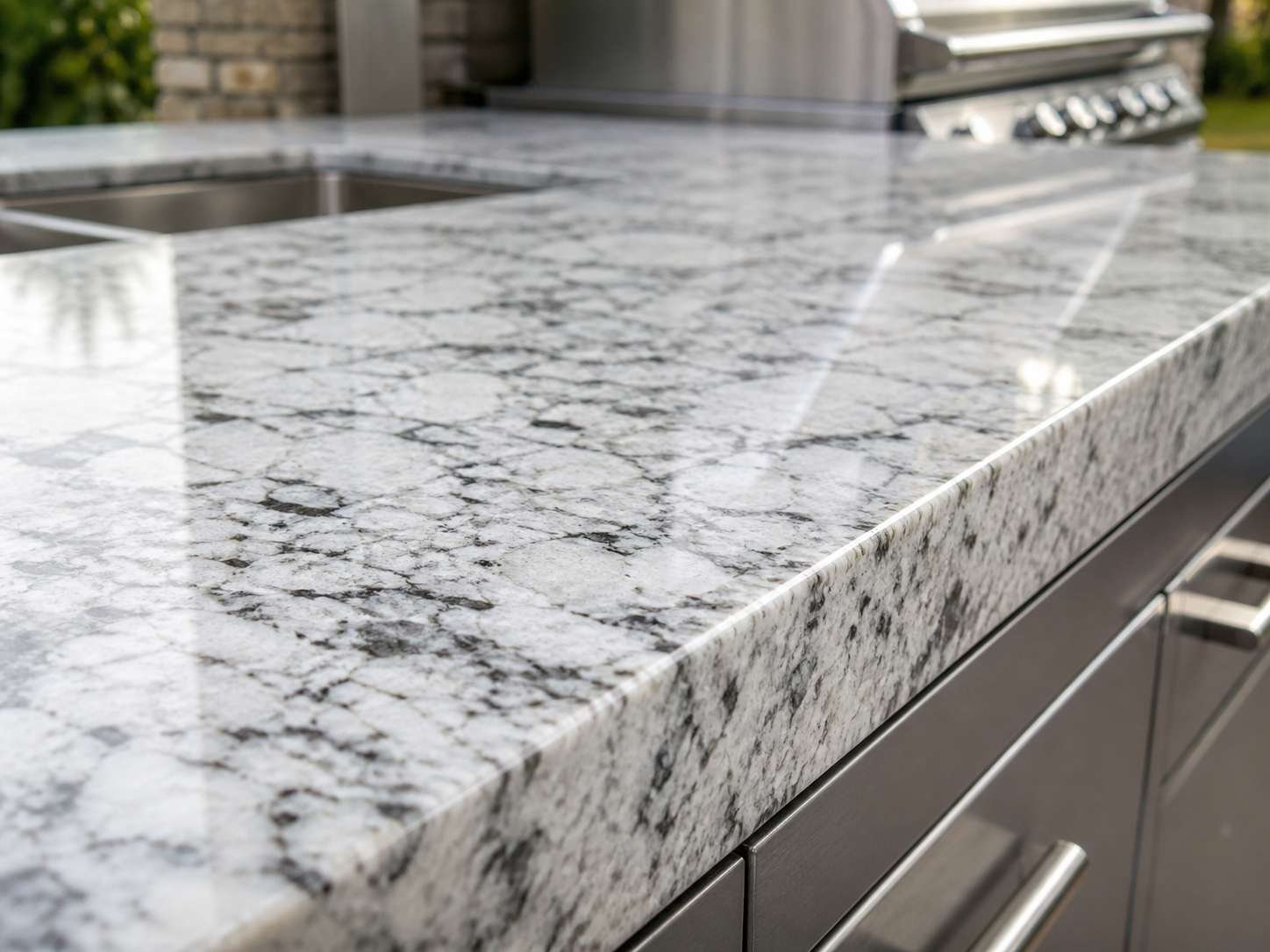White granite countertop with gray speckled pattern