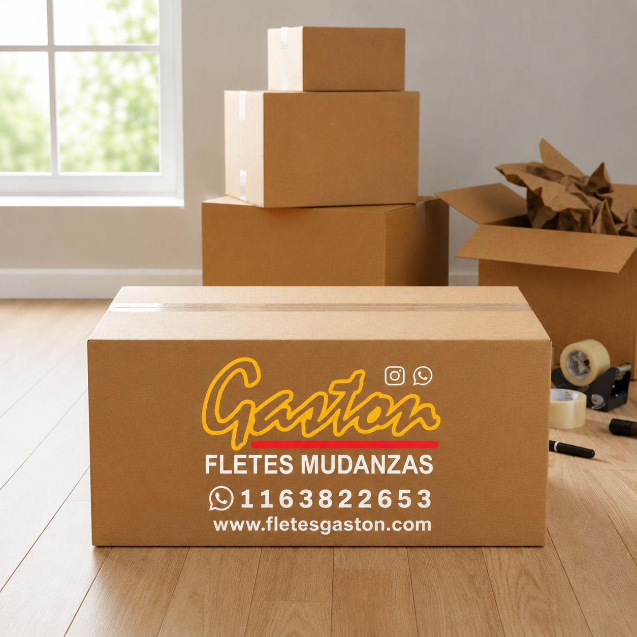Caja de mudanza Gastón con logo, teléfono y sitio web