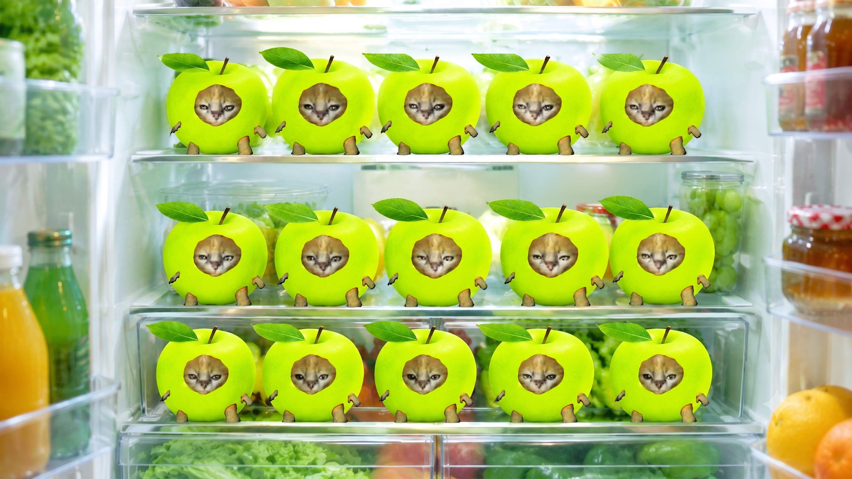 Green Apple Cats filling a fridge
