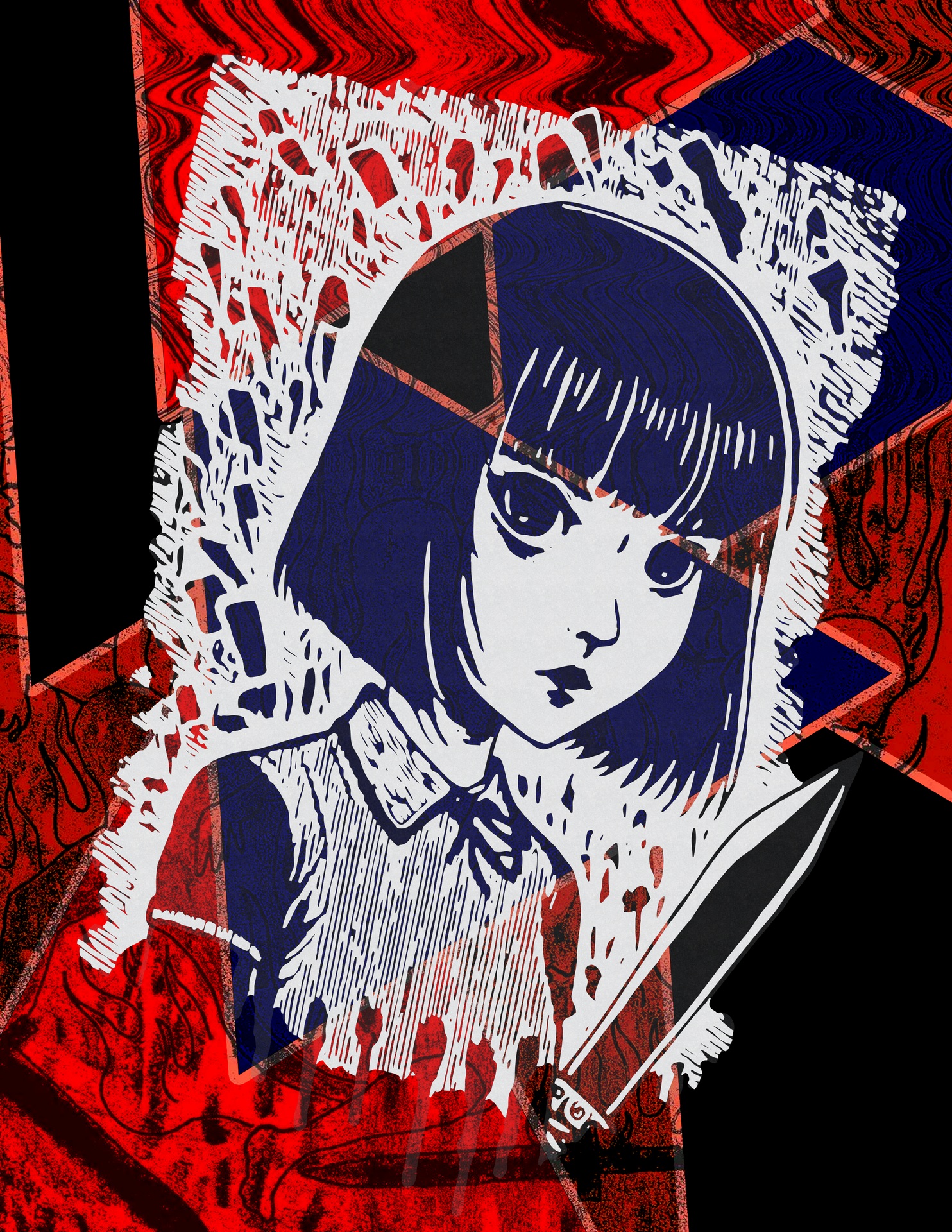 Portrait with knife and geometric shapes