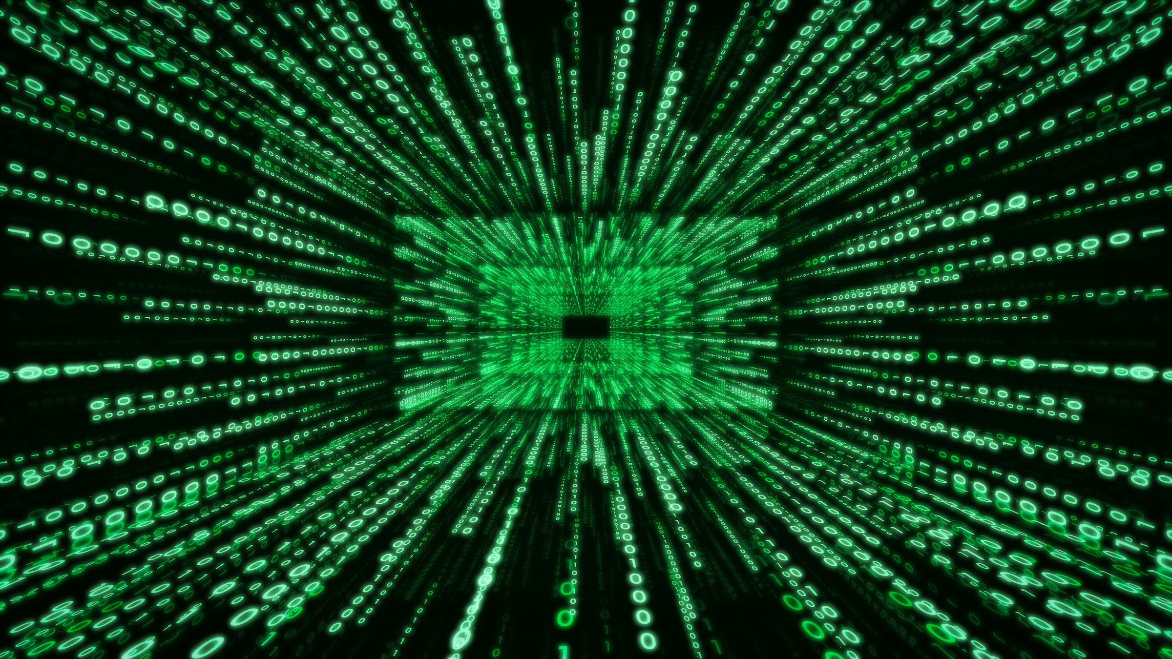 Green matrix binary data visualization radiating from center