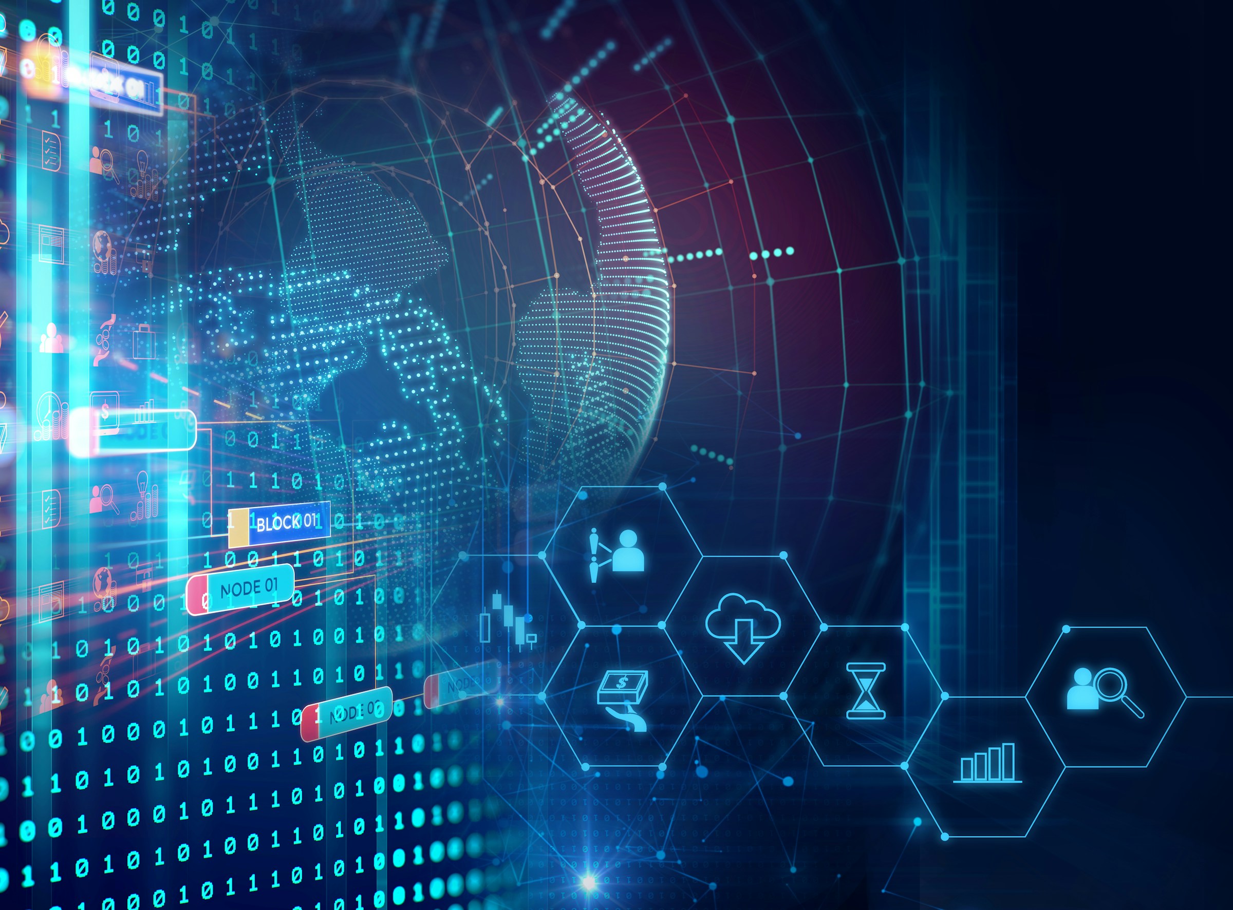 Digital globe with hexagonal blockchain icons and global network
