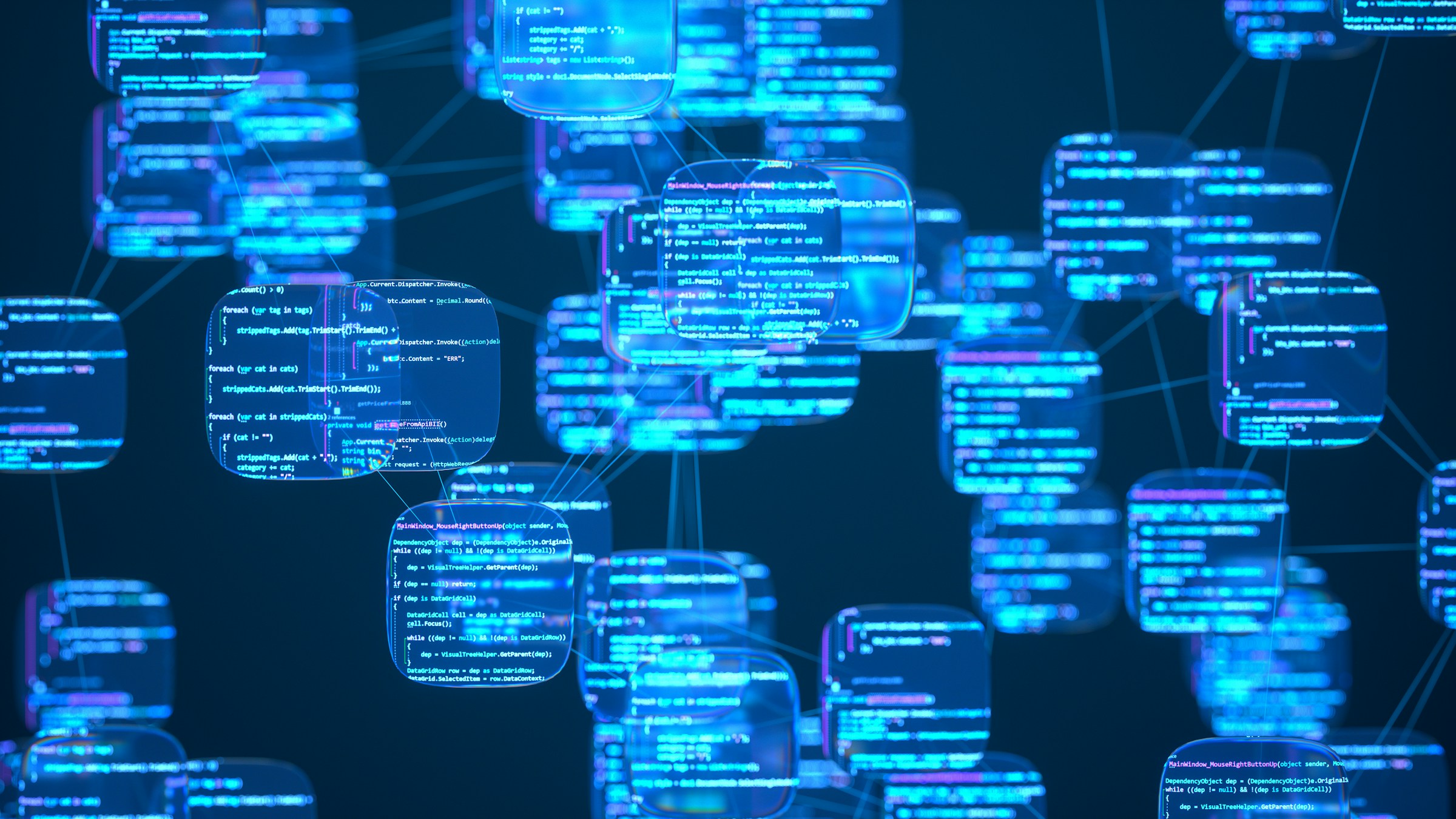 3D floating code blocks connected in network representing distributed systems