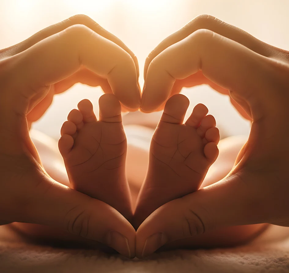 Hands forming heart shape with baby feet