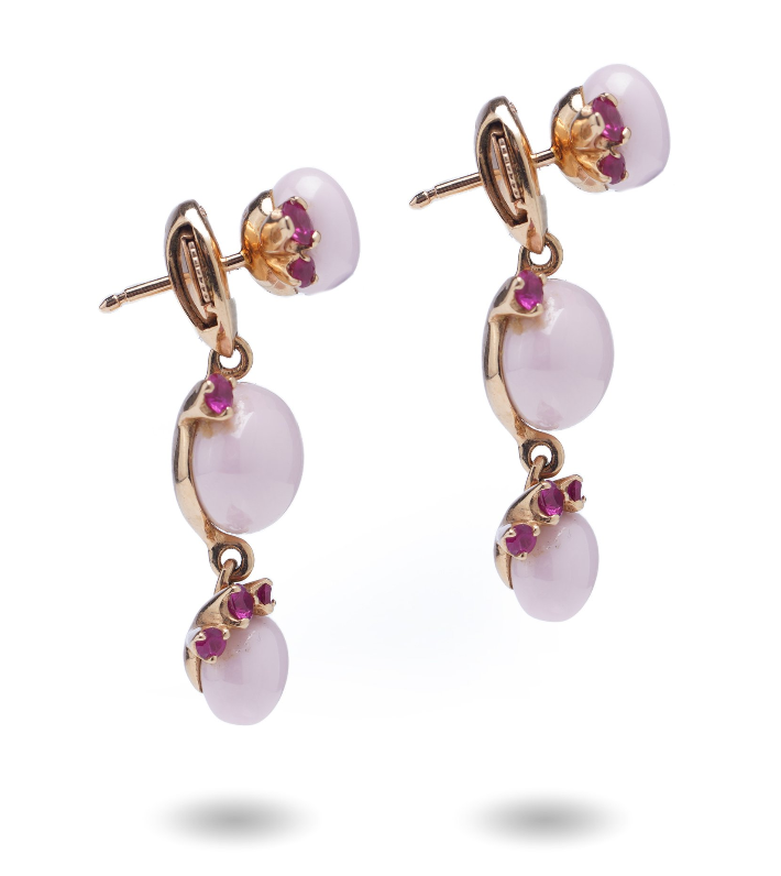 Rose quartz and ruby La Pousette back earrings in rose gold