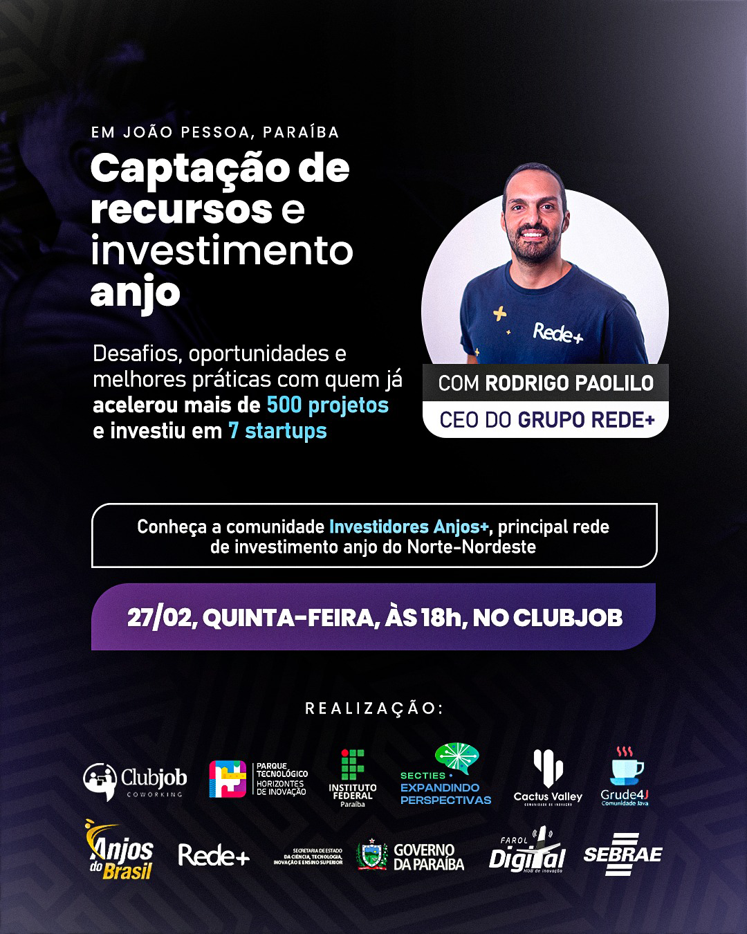 Banner do evento de Captação de recursos e investimento anjo com Rodrigo Paolilo