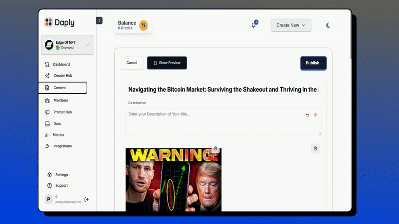 Daply platform interface demonstration showing Bitcoin market analysis content creation
