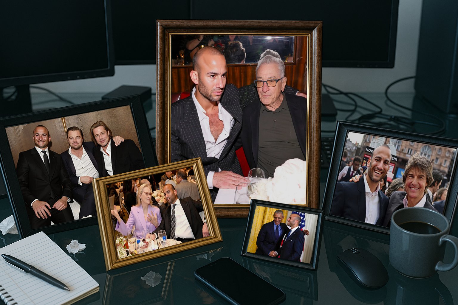 Collection of framed photos showing a man with various celebrities on a desk