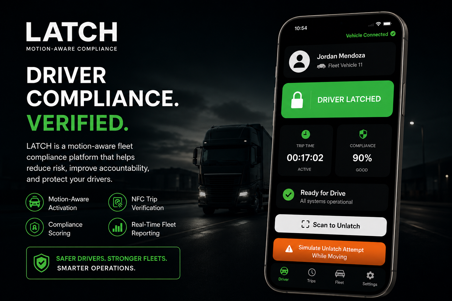 LATCH driver compliance app showing latched status, trip time, and compliance score
