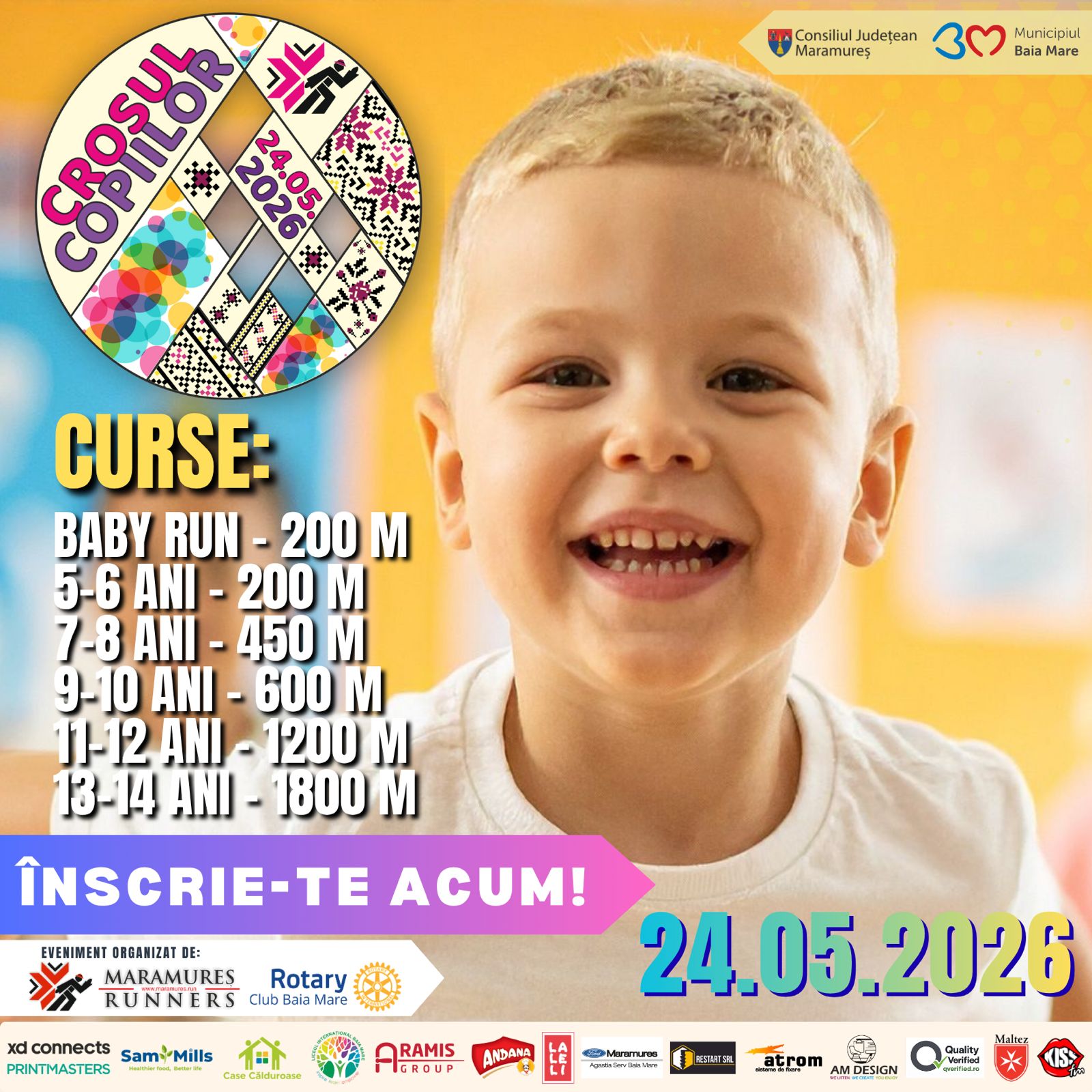 Crosul Copiilor 24 mai 2026 - Happy child with race information and sponsorships