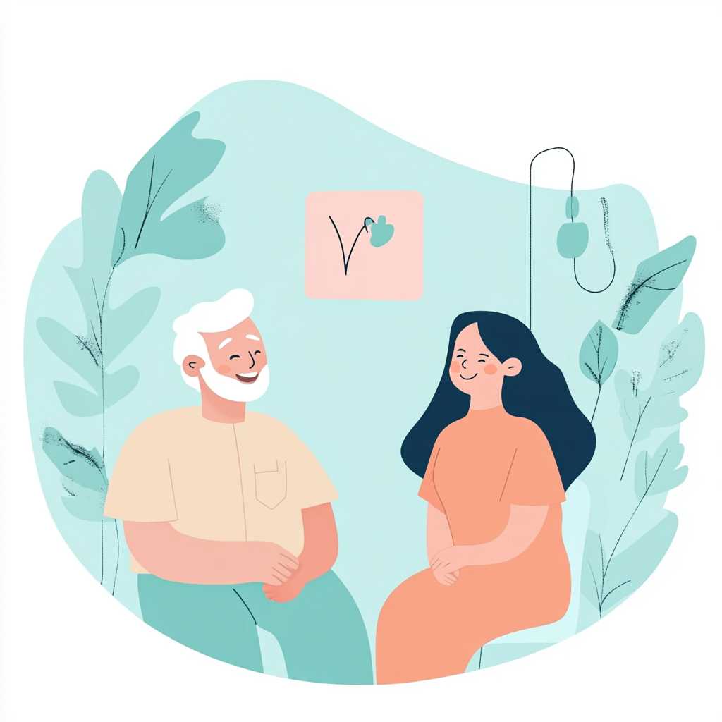 Illustration of a caregiver and elderly person having a conversation