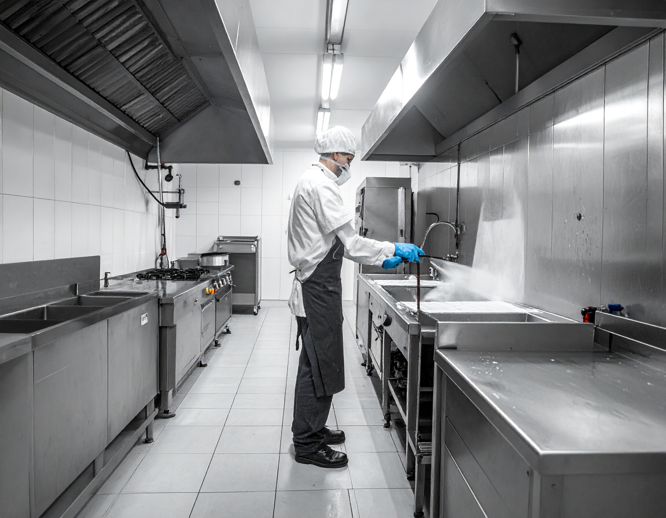 Trabajador lavando equipos en cocina industrial