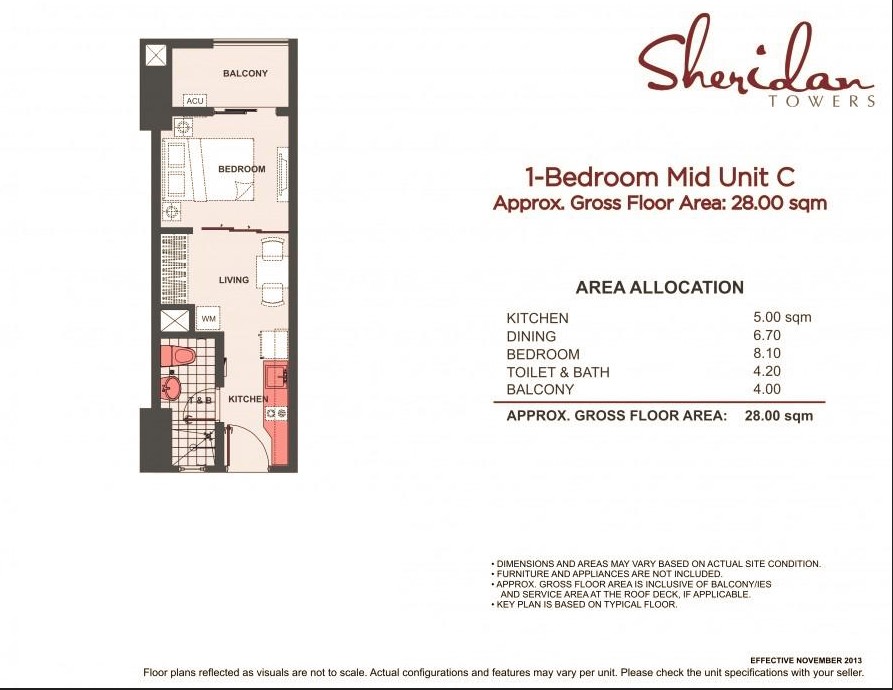 1-Bedroom Mid Unit C floor plan with area allocation