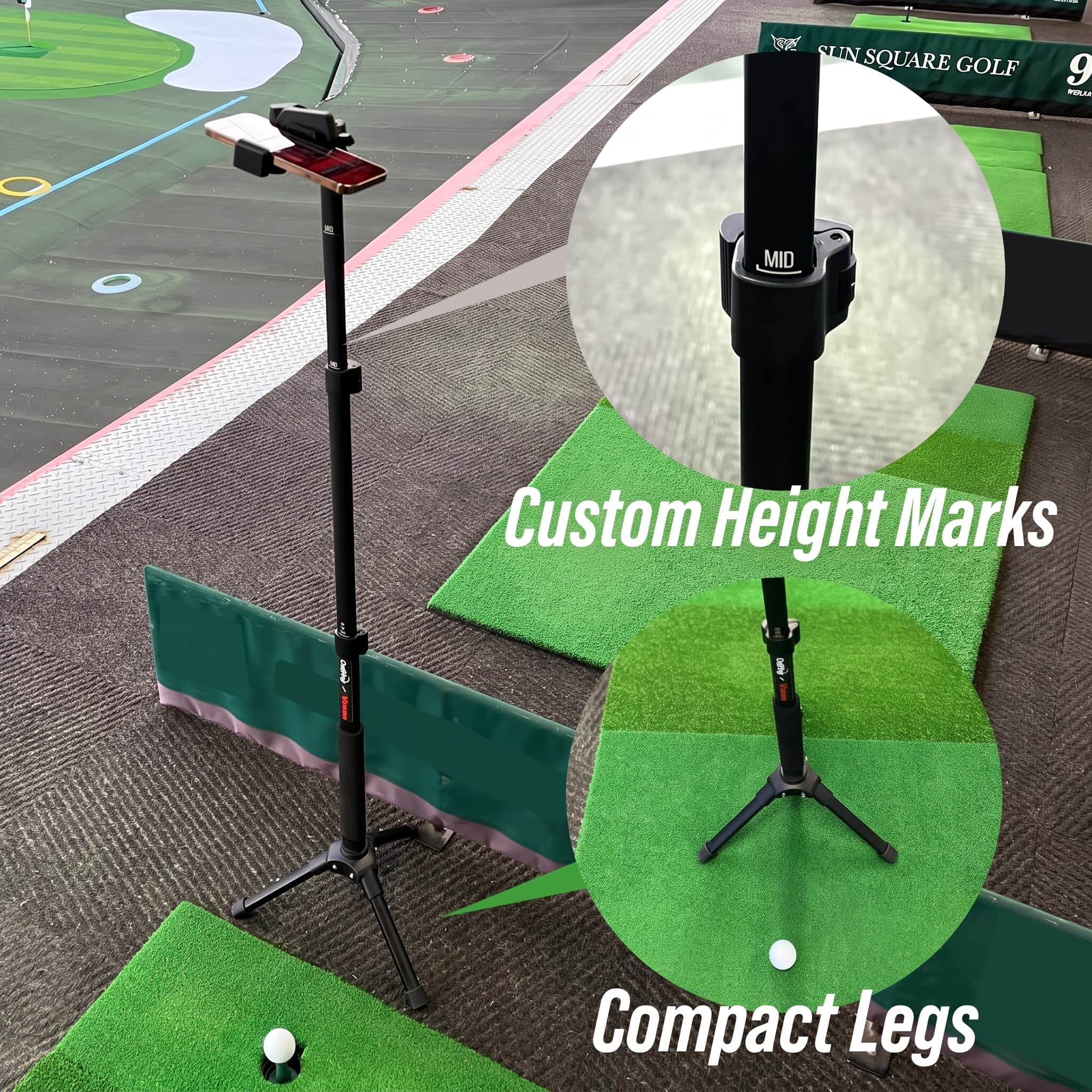 GBPod at a driving range, with close-ups of its MID height mark and compact legs.