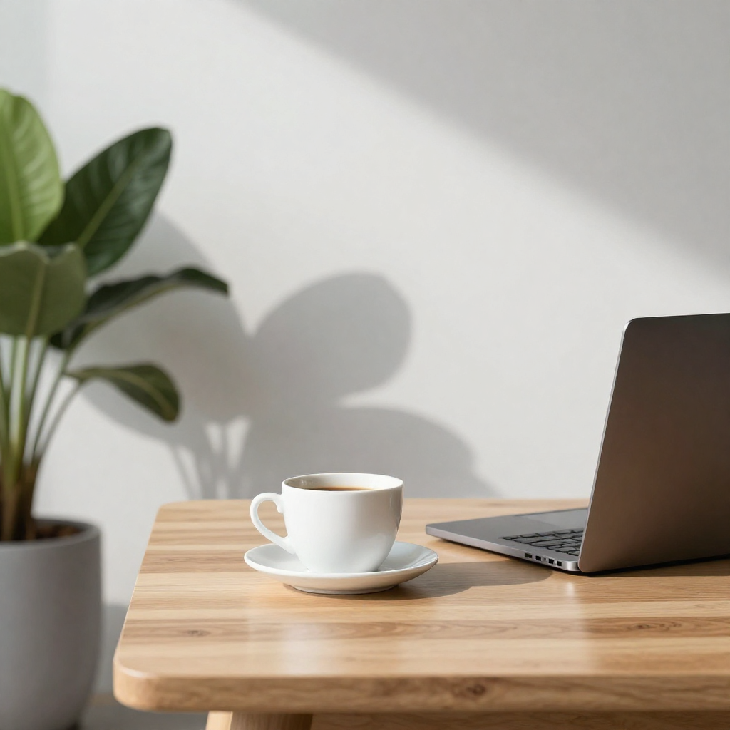 Bureau minimaliste avec ordinateur portable et tasse de cafe