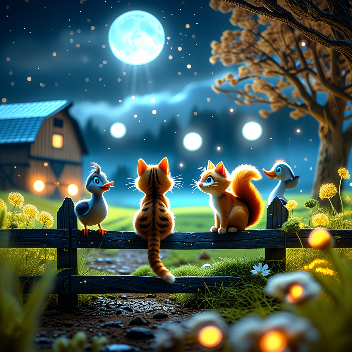 A magical nighttime scene showing cats and ducks sitting together on a fence under a bright full moon, with glowing lights and golden dandelions