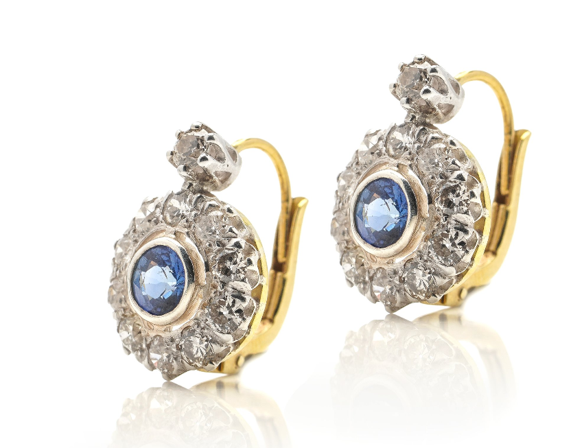 Antique sapphire and diamond cluster lever-back earrings in yellow gold and platinum