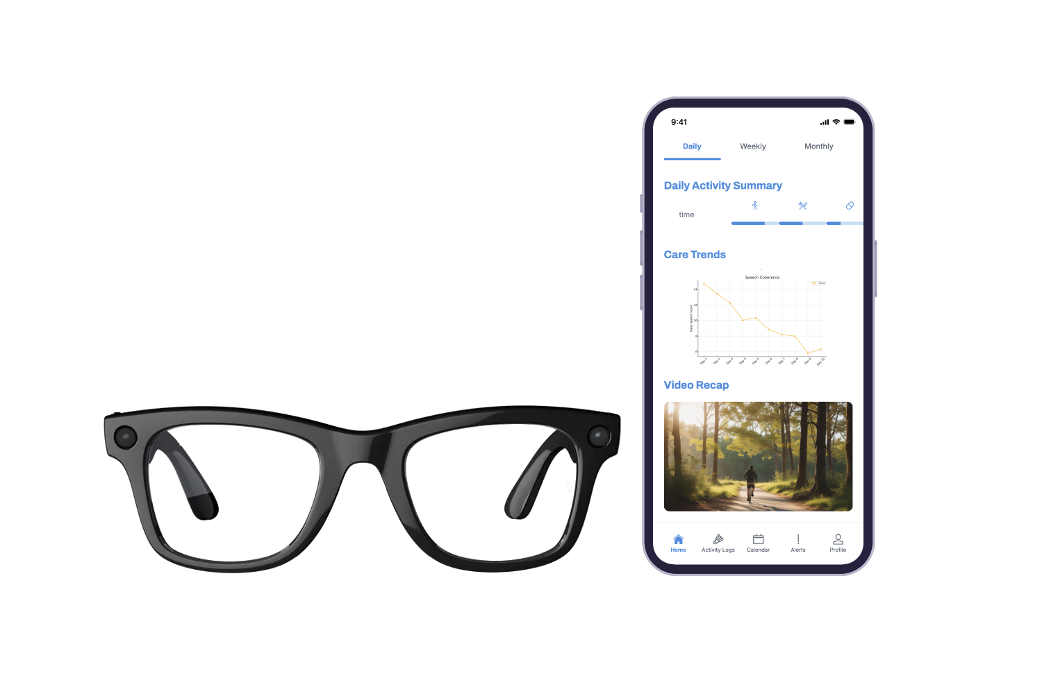 LifeLens ecosystem - Smart glasses and companion app interface showing activity tracking and care insights