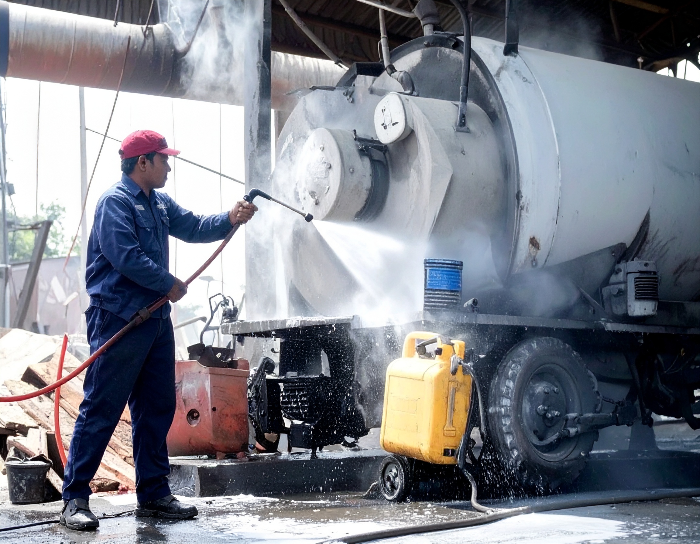 Trabajador limpiando maquinaria industrial con hidrolavadora