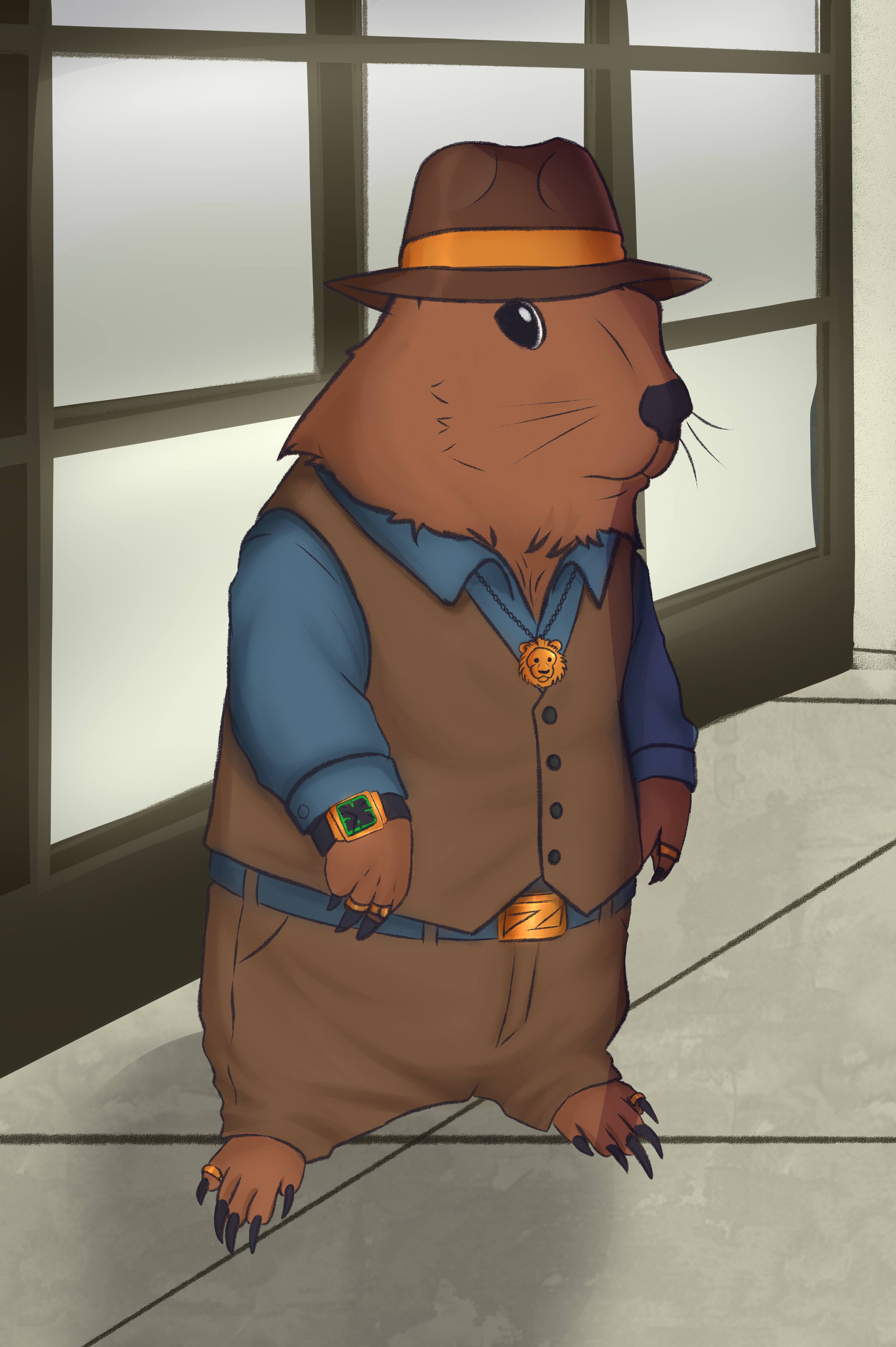 Una capibara vestida como LION, con sombrero, chaleco y collar de león, junto a una ventana.