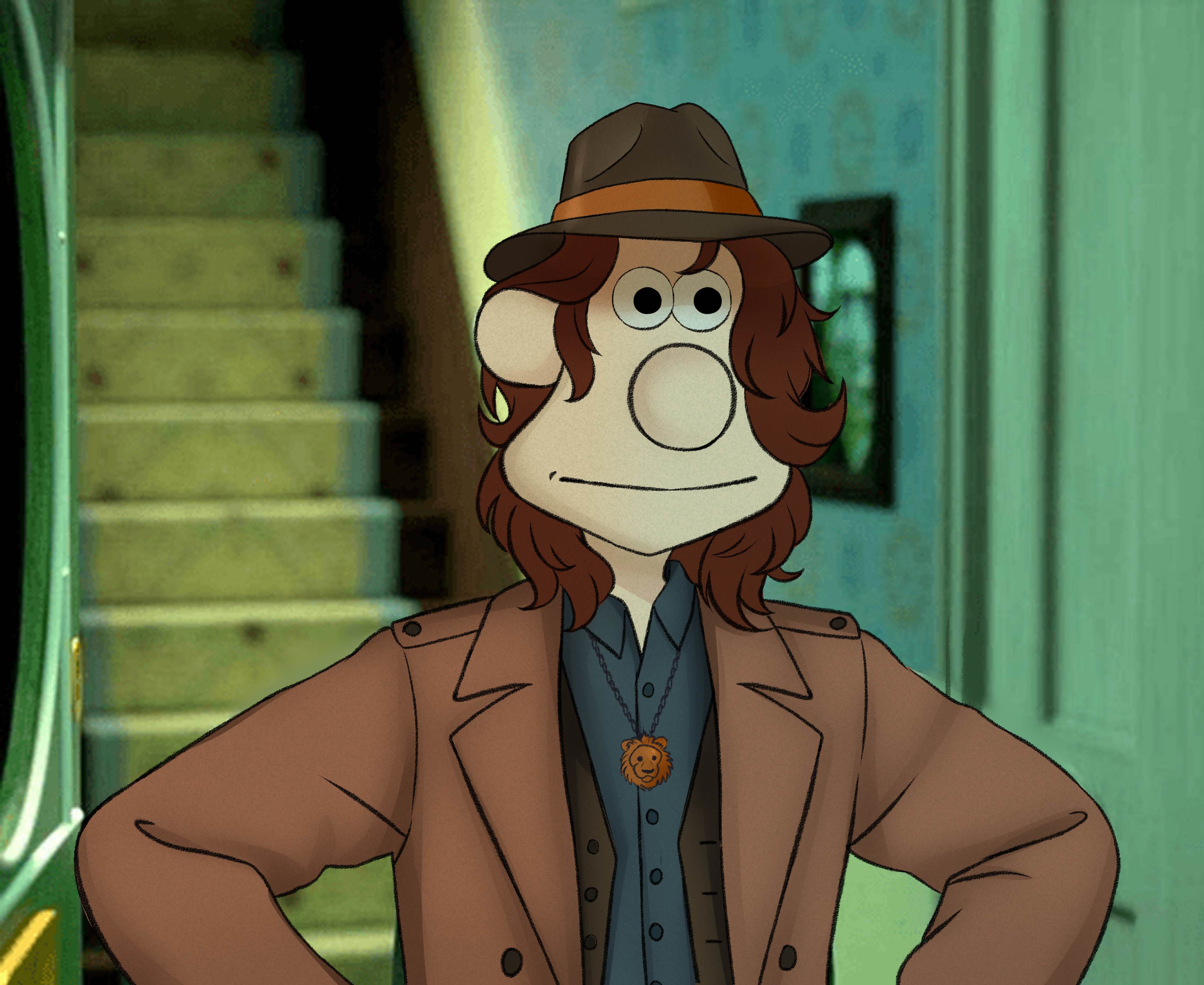 LION reinterpretado con el rostro de Wallace, sombrero y abrigo, frente a una escalera.