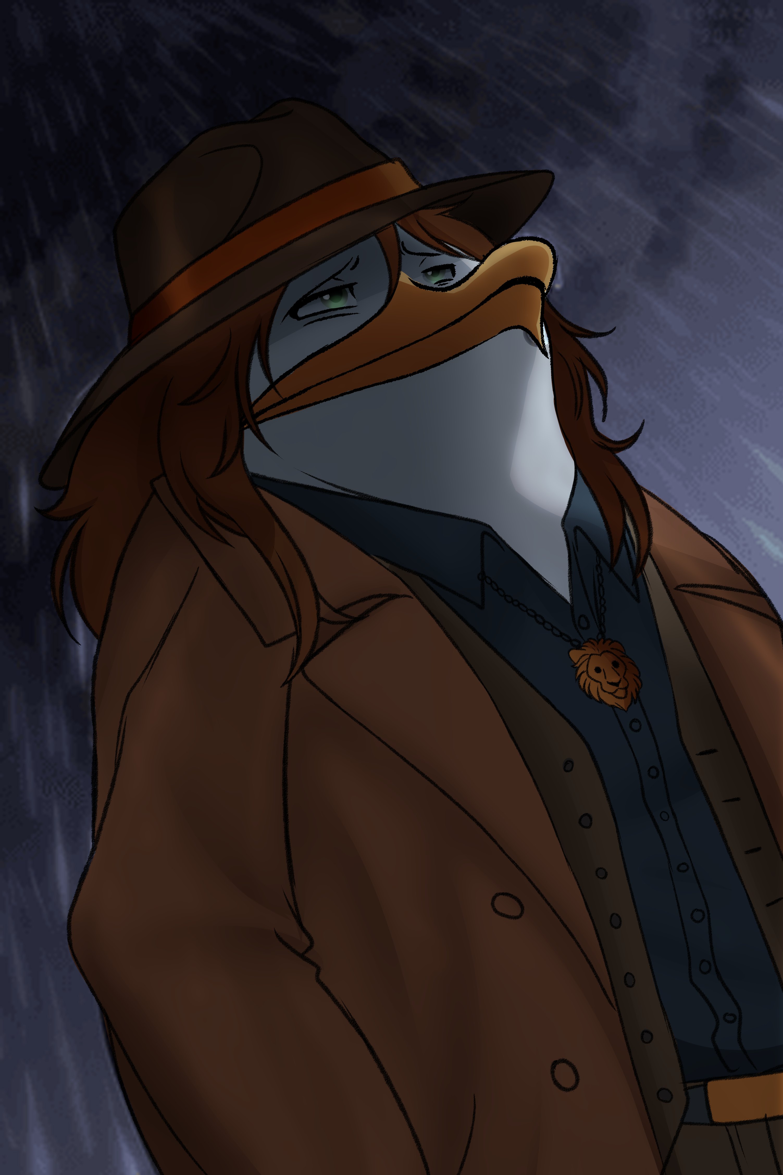 LION reinterpretado como un pato con sombrero y abrigo bajo la lluvia.