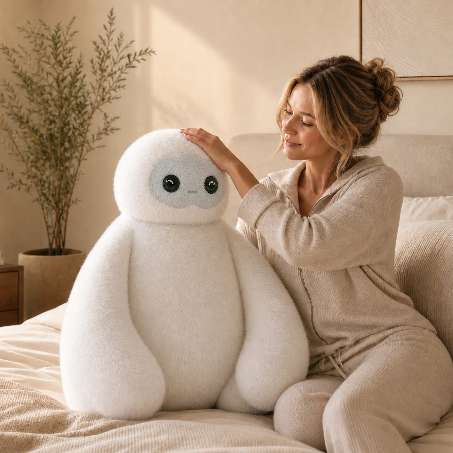 Woman gently patting MoYa's head with expressive eyes while sitting on a bed in a cozy bedroom