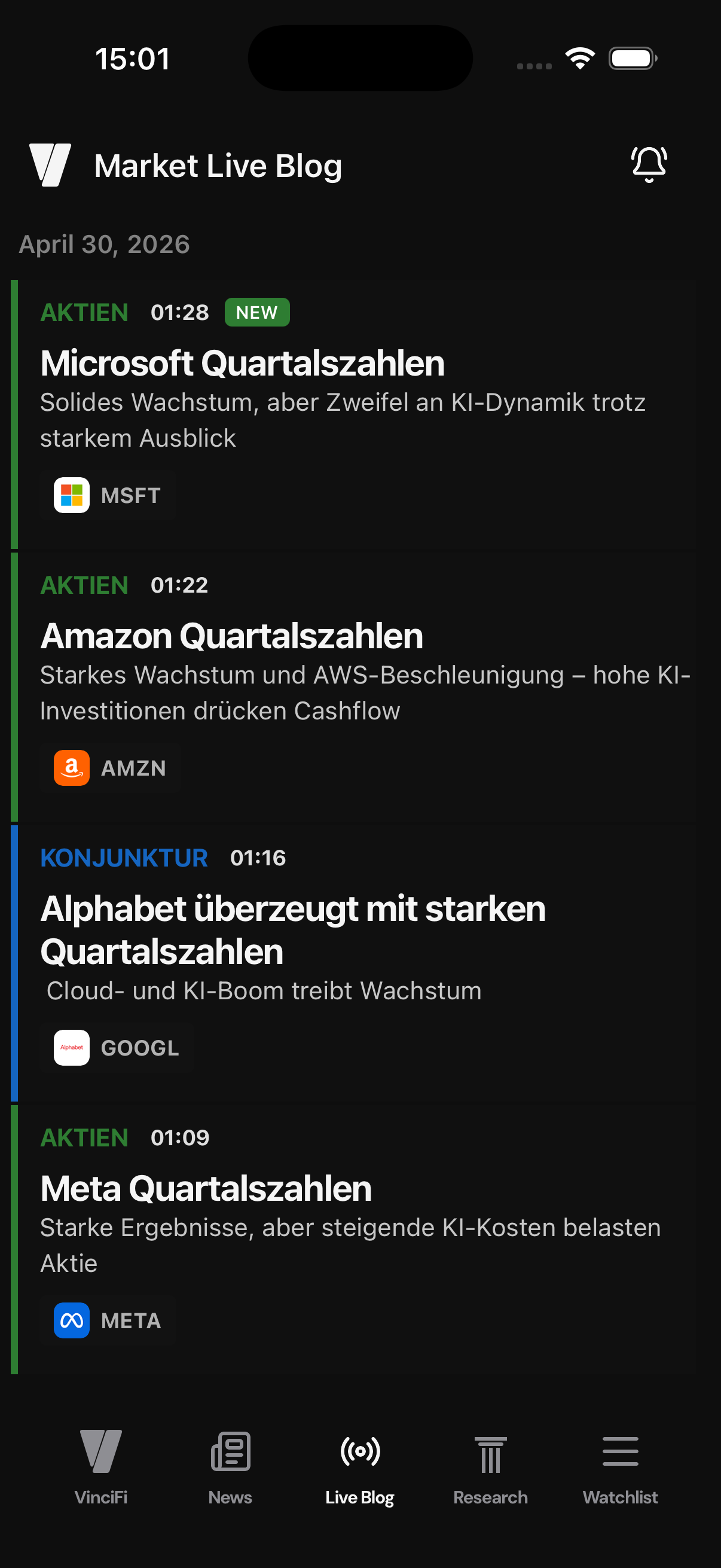 VinciFi Market Live Blog showing real-time earnings updates for Microsoft, Amazon, Alphabet, and Meta