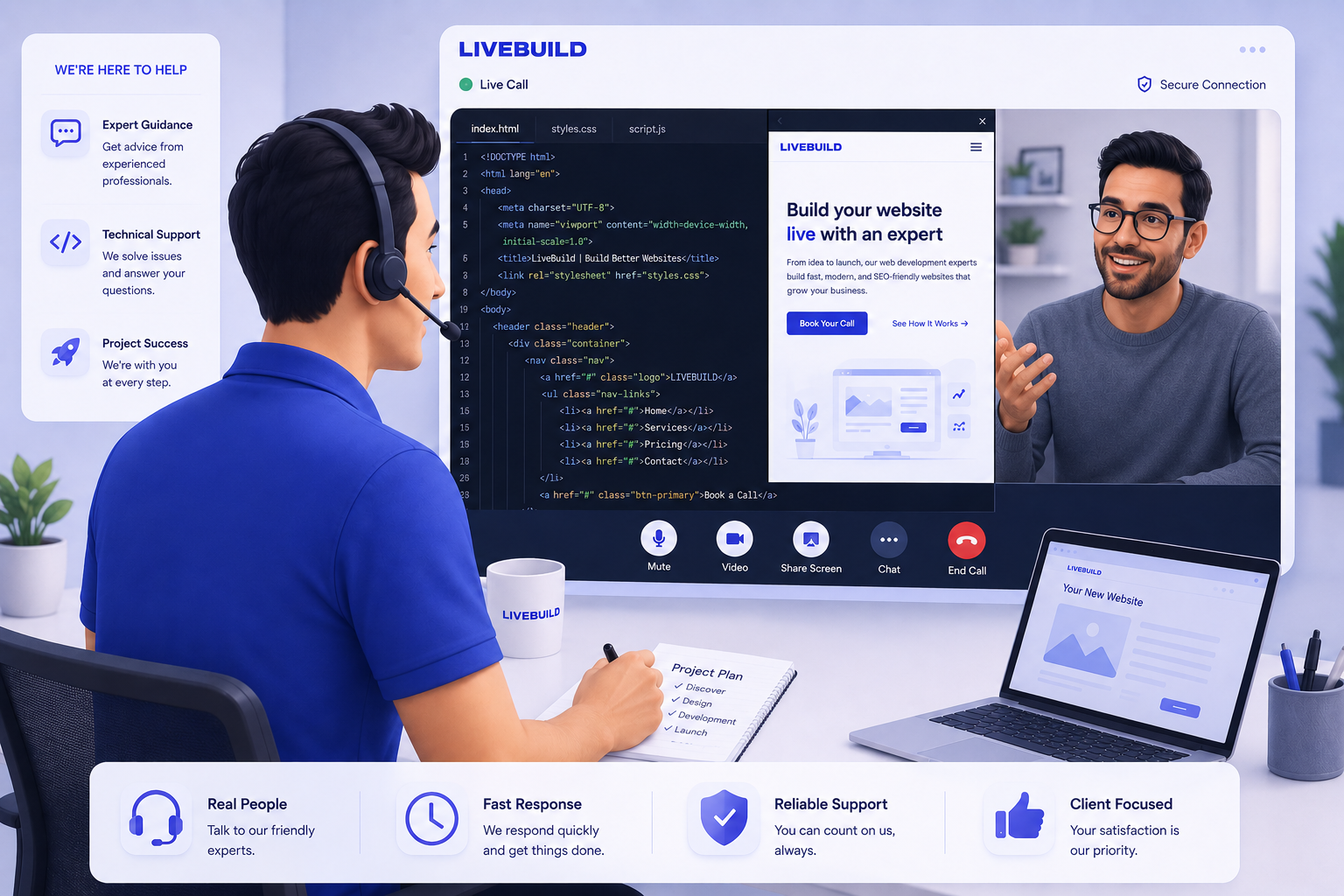 A LiveBuild expert building a client's website live over a video call, sharing their screen with a code editor while the client watches