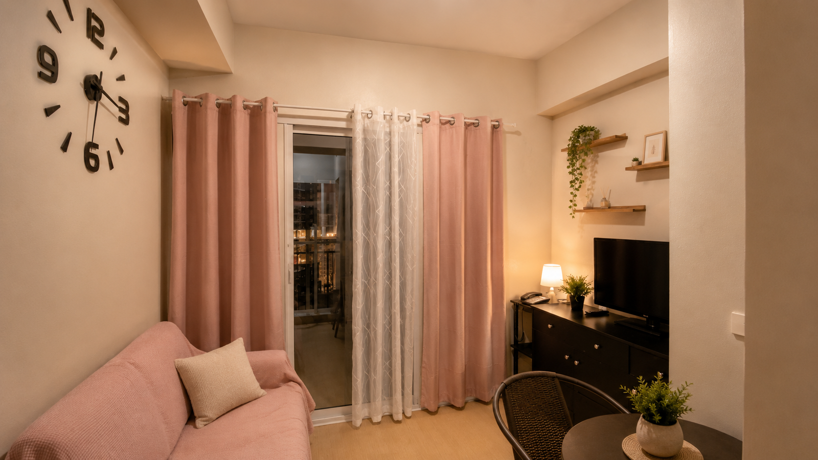 Living room with modern furnishings and balcony access