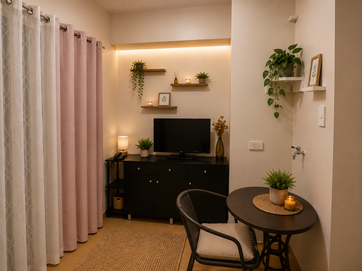 Living room entertainment area with plants