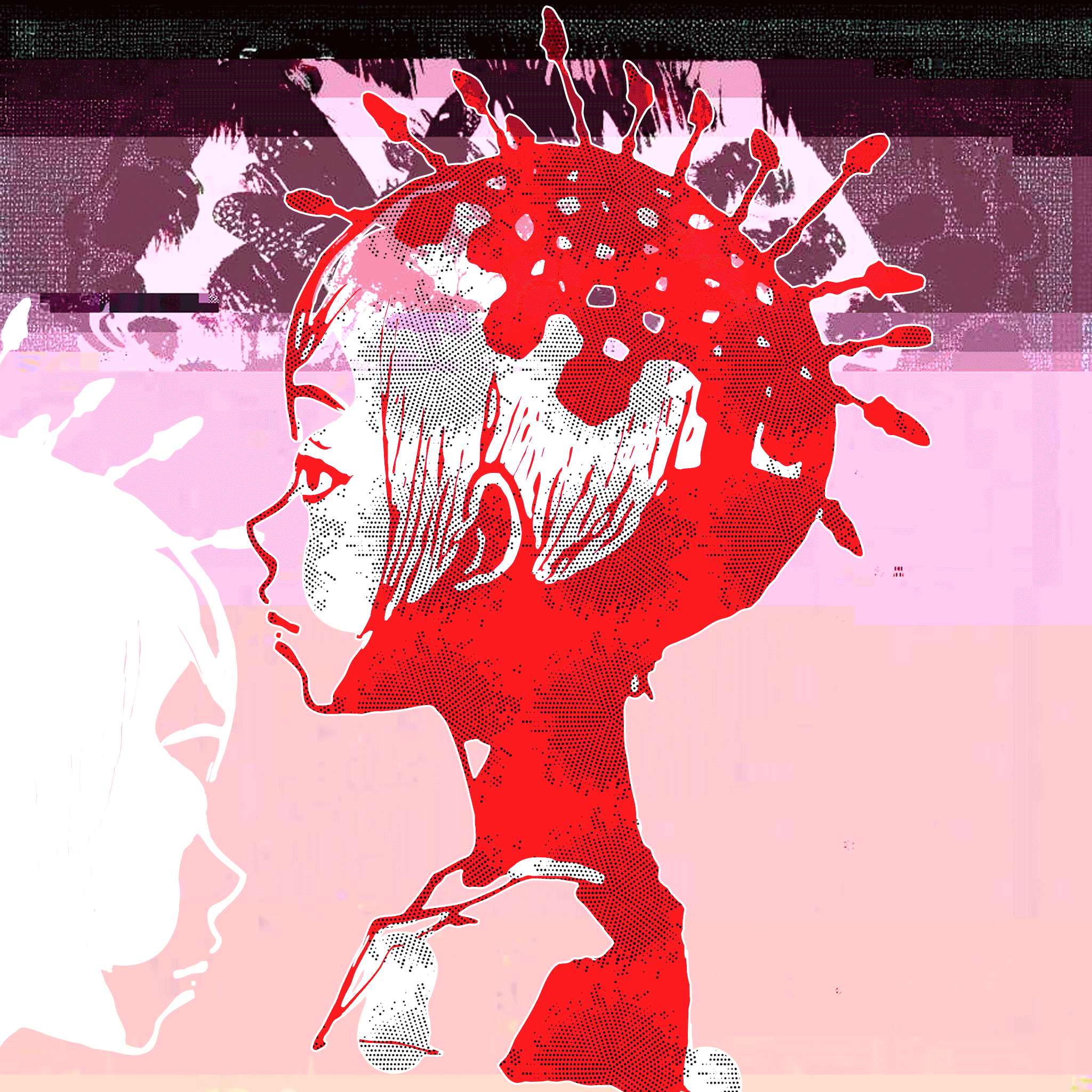 Red silhouette with glitch effects