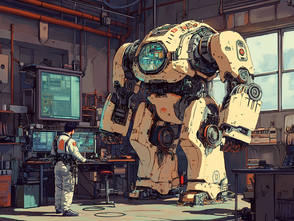 Futuristic mecha repair shop