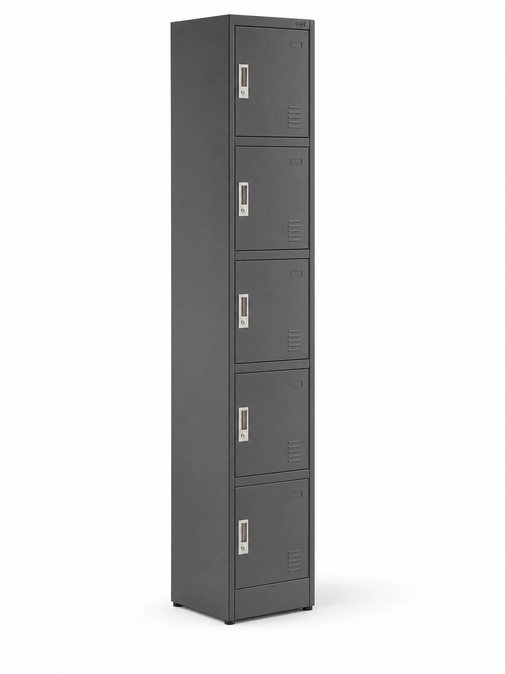 Locker metálico gris oscuro con compartimentos para vestuarios y oficinas