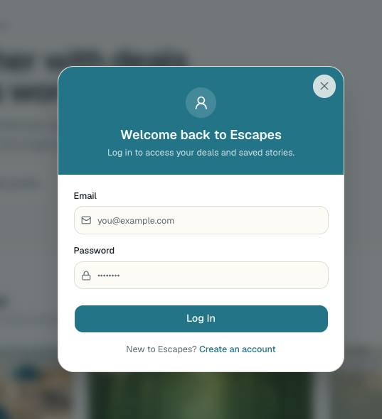 Login modal welcoming members back with email and password fields.