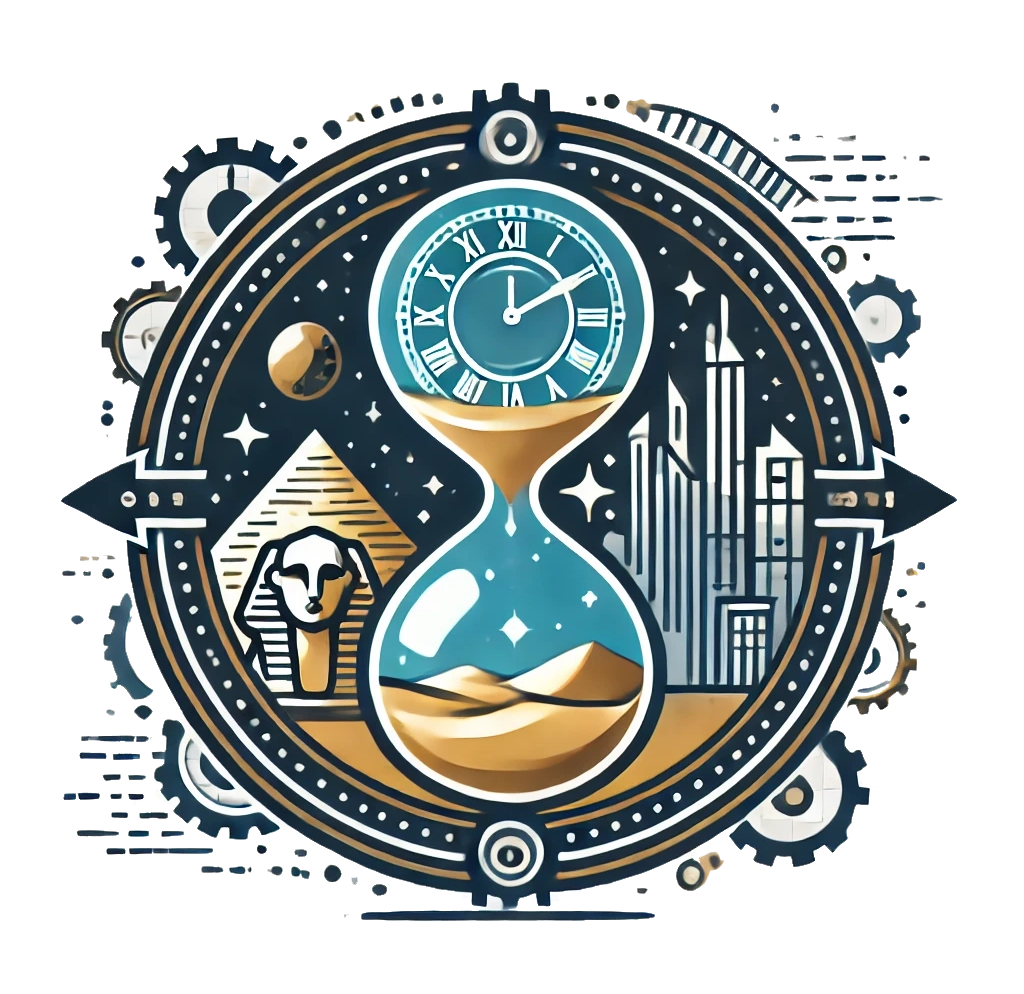 Time Travel Logo - Hourglass with clock and cityscape