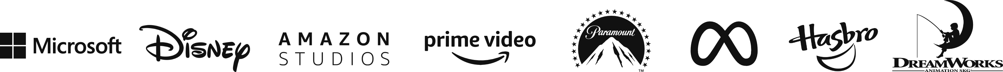 Grayscale logo strip featuring Microsoft, Disney, Amazon Studios, Prime Video, Paramount, Meta, Hasbro, and DreamWorks