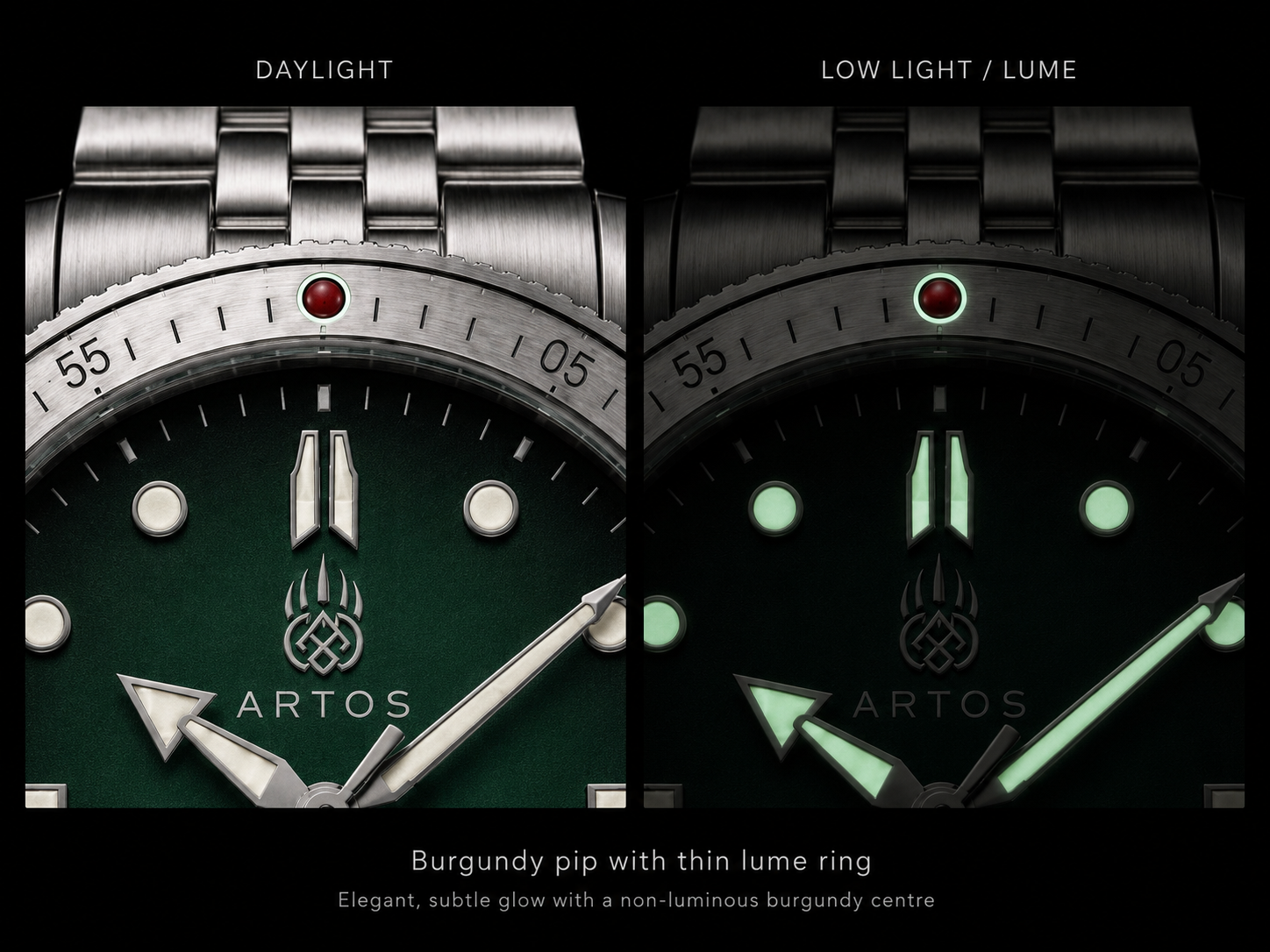 ARTOS Kodiak lume comparison - daylight vs low light showing BGW9 Super-LumiNova