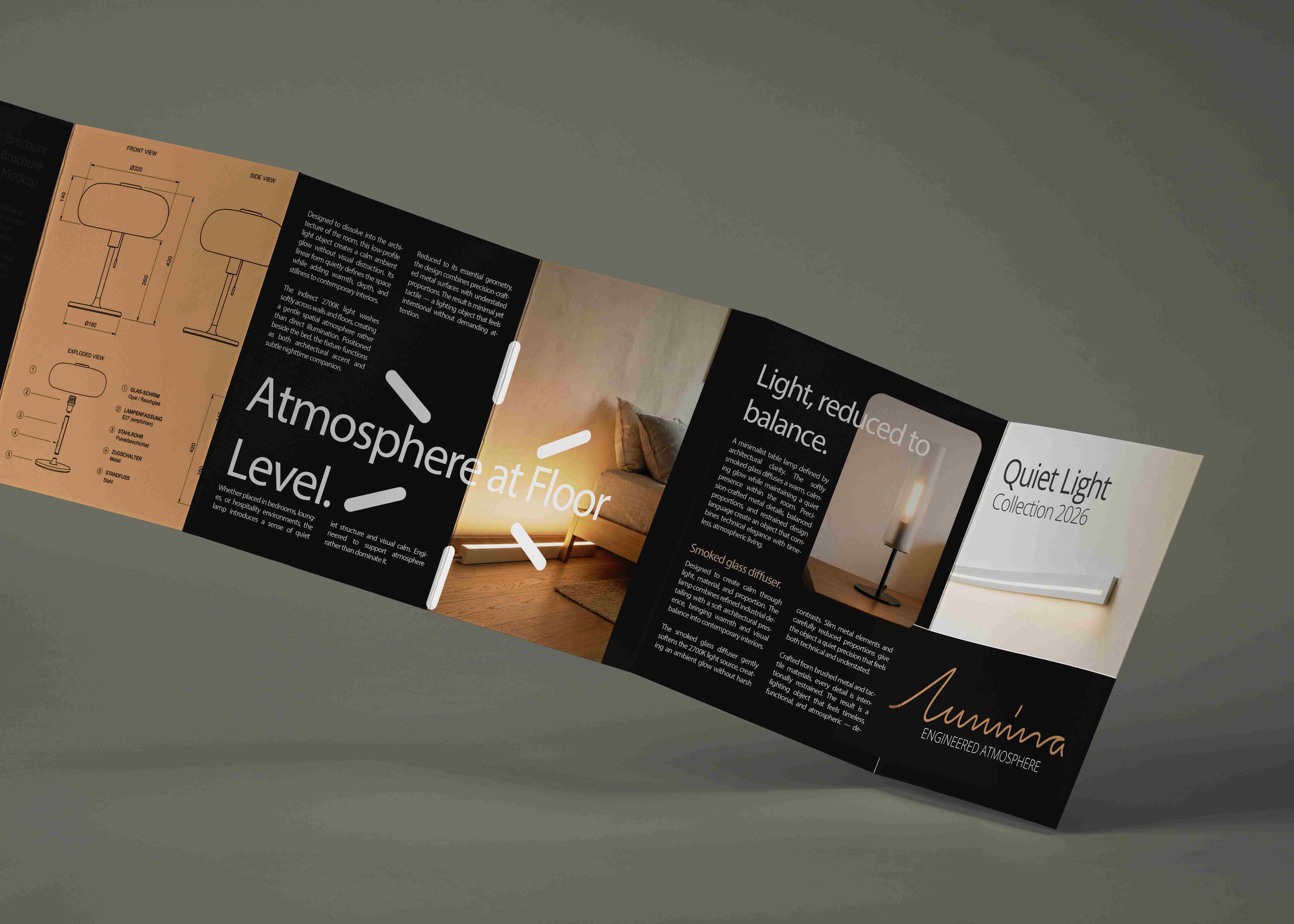 Aufgefaltete Lumina-Broschüre mit Produktfotografie und Editorial-Layout